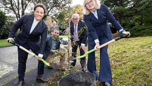 The Commemoration of the Queen’s Platinum Jubilee is marked at Government House with a ceremonial planting of a kauri tree by Minister of Conservation Kiri Allan, left, chief executive of Te Tapu o Tāne Jana Davis, Project Crimson chairman Joris De Bres and Chief Justice Helen Winkelmann on behalf of the Governor-General.